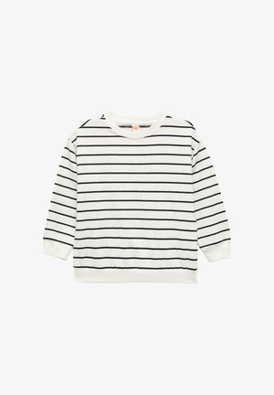 Valkoinen huppari, jossa on mustia vaakasuoria raitoja, pyöreä kaula-aukko, ribatut hihansuut ja helma sekä pehmeä, teksturoitu kangas.