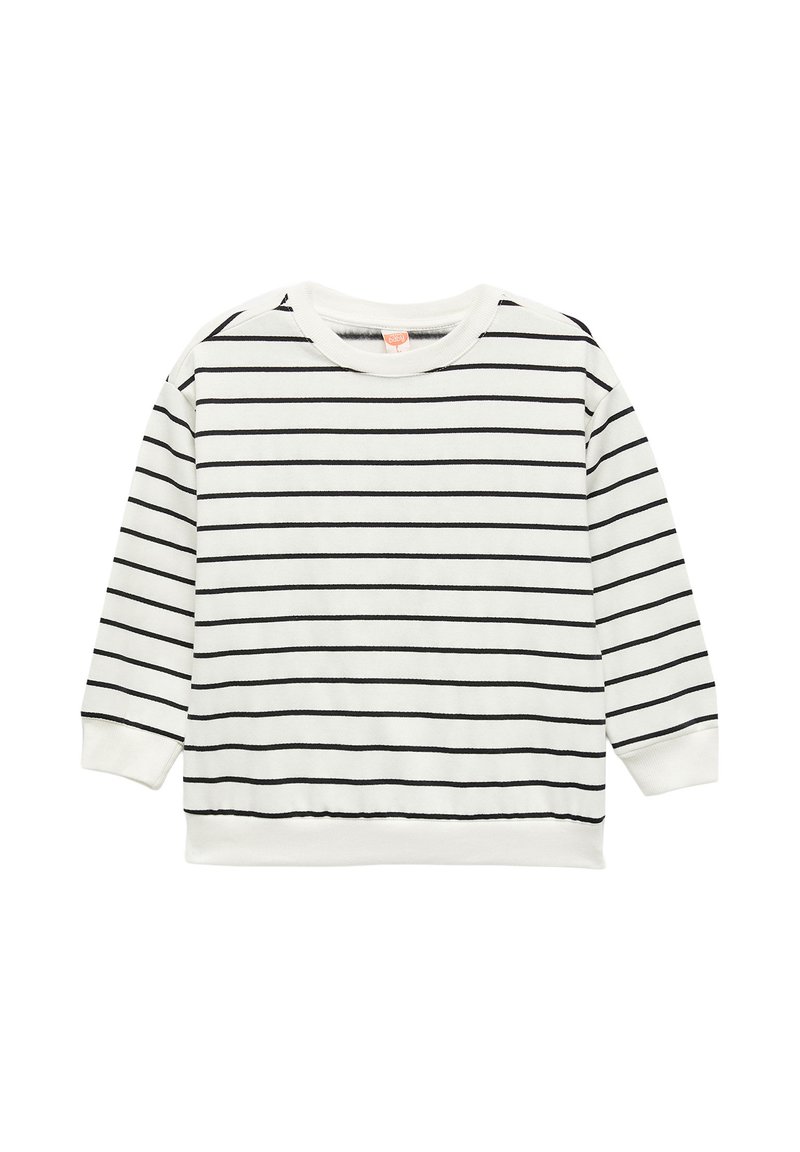 Biały sweatshirt z czarnymi poziomymi paskami, okrągłym dekoltem, prążkowanymi mankietami i dołem oraz miękkim, teksturowanym materiałem.