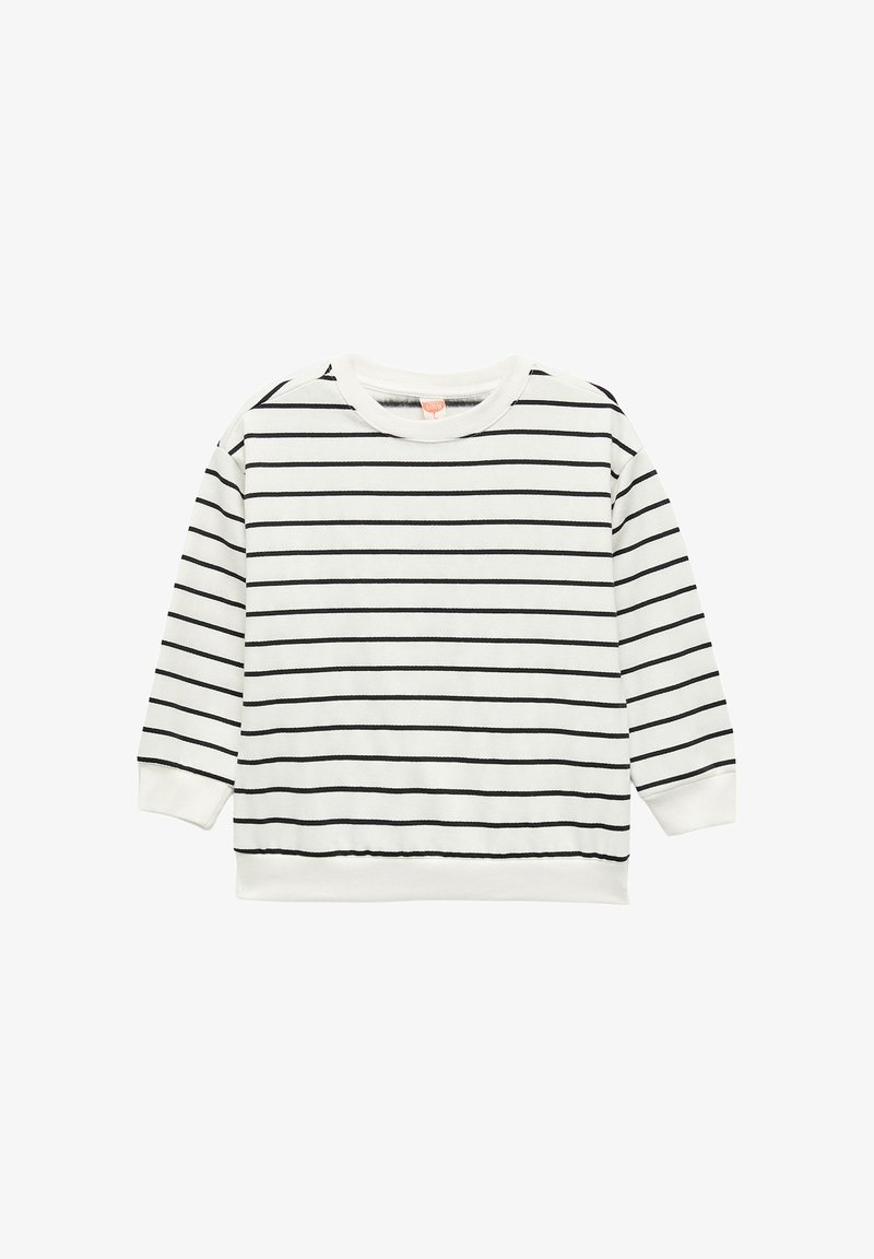 Felpa bianca con strisce orizzontali nere, colletto rotondo, polsini e orlo a coste, e tessuto morbido e lavorato.