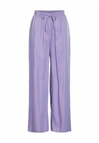 Lila wijde broek van soepel, lichtgewicht stof. Beschikt over een elastische tailleband met een trekkoord voor een verstelbare pasvorm.
