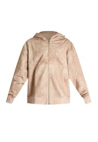Veste à capuche beige zippée en tissu doux avec une texture subtile, dotée d'une capuche, de poches avant et de manches longues.