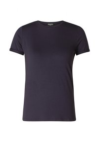 Navyblauw T-shirt met korte mouwen van katoen. Heeft een ronde hals en een losse pasvorm, met opgerolde mouwboorden. Soepele, lichte textuur.