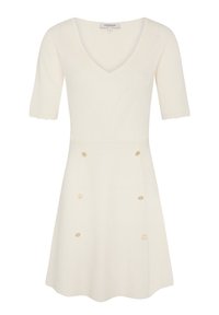 Strickkleid in Creme mit V-Ausschnitt, kurzen Ärmeln und einem ausgestellt geschnittenen Rock. Verfügt über goldfarbene Knöpfe an der Vorderseite für Details.