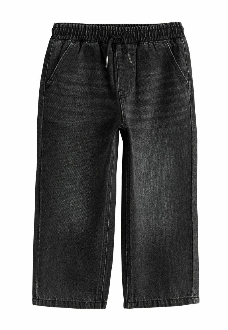 Pantalon jogger en denim noir délavé avec taille élastique et cordon, avec poches latérales et coupe droite décontractée.
