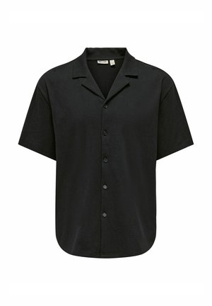 Mustast lühikeste varrukatega nööbitav pluus lahtise kraega, viie ees nööbiga ja sirge äärega.