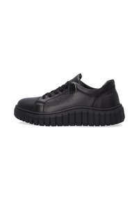 Schwarze Ledersneaker mit runder Zehenform, strukturiertem Obermaterial, Schnürverschluss und dicker Gummisohle mit einem gemusterten Profil für besseren Halt.
