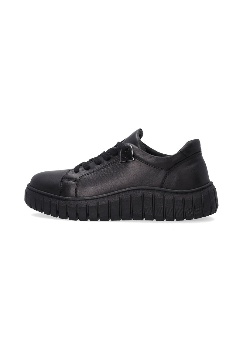 Schwarze Ledersneaker mit runder Zehenform, strukturiertem Obermaterial, Schnürverschluss und dicker Gummisohle mit einem gemusterten Profil für besseren Halt.
