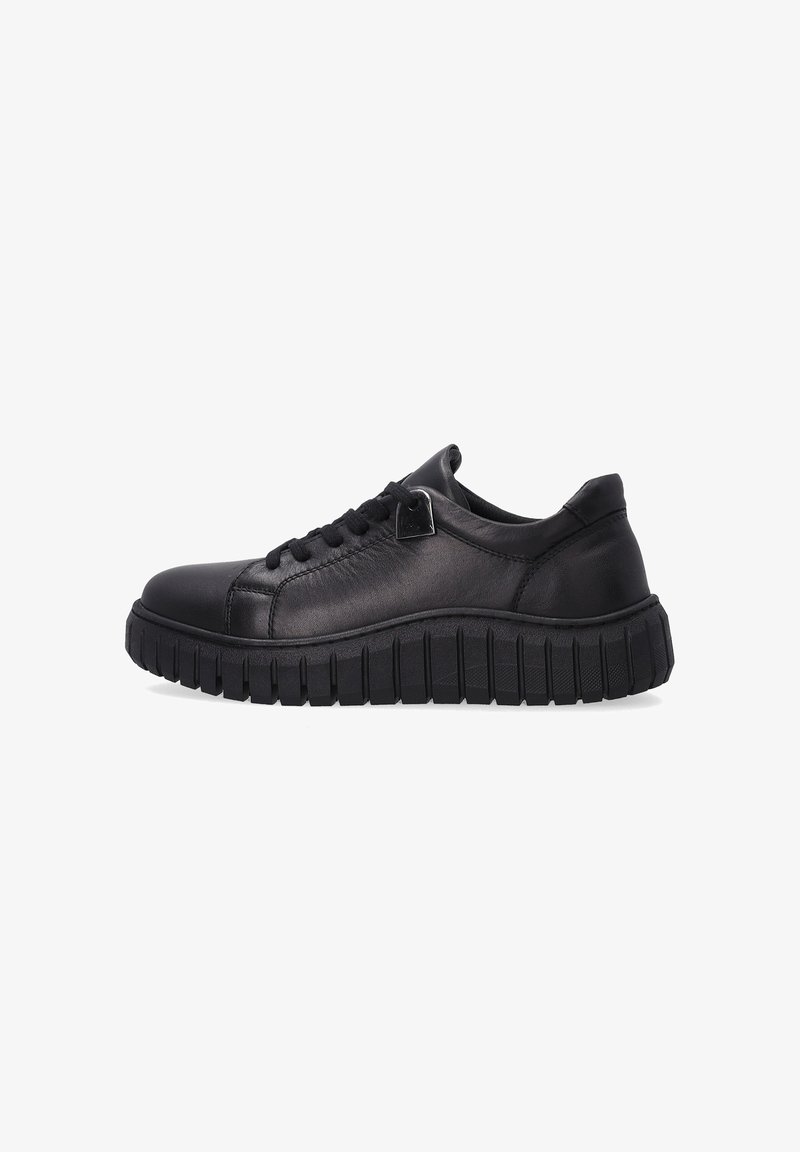 Schwarze Ledersneaker mit runder Zehenform, strukturiertem Obermaterial, Schnürverschluss und dicker Gummisohle mit einem gemusterten Profil für besseren Halt.