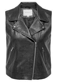 Černá kožená bezrukávová vesta s širokým límcem, zapínáním na zip a dvěma bočními kapsami. Hladká textura s jemným zrnitým detailem.