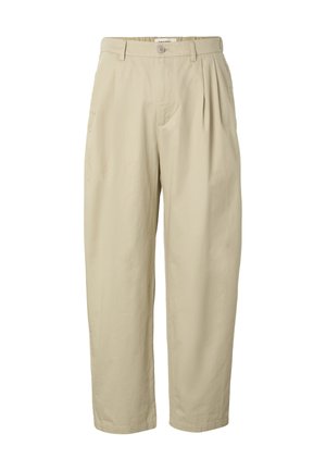 Beige bomuldsbukser med høj talje med knap- og lynlås, bæltestropper, plisseringer foran og lige ben.