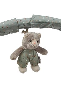 Soft plush bear toy with gray fur and a green patterned outfit. It has small round ears, a stitched nose, and fluffy feet.