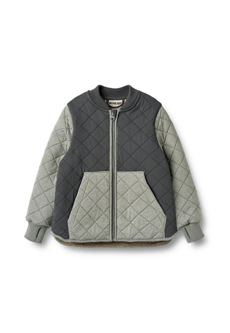 Quiltet bomberjakke i grå og lysegrøn. Har ribbet krave, manchetter og lynlås lukning. Bemærkelsesværdigt diamantmønster på stoffet.