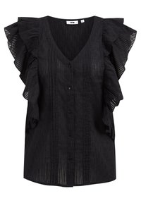 Musta ilman hihoja paita V-puolella, jossa on rypytettyjen olkapäiden lisäksi pystysuora raidallinen pinta. Edessä näkyvä napitus.