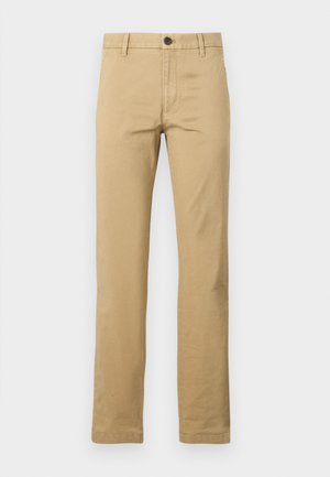 Khaki chinos made of cotton, featuring a straight leg, two front pockets, a single button closure, and belt loops, with a smooth texture.