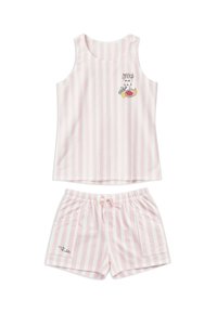 Ensemble débardeur sans manches rayé verticalement rose et blanc avec un motif du visage de Frida Kahlo, des fleurs et des fruits sur le haut, accompagné d'un short assorti avec la signature.