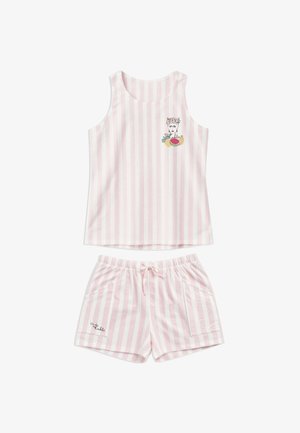 Ensemble débardeur sans manches rayé verticalement rose et blanc avec un motif du visage de Frida Kahlo, des fleurs et des fruits sur le haut, accompagné d'un short assorti avec la signature.