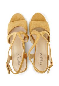 Suede yellow platform sandals with crisscross straps, open toe, and adjustable ankle buckle. Interior features a textured beige sole.