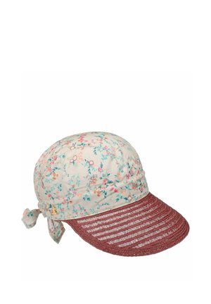 Floral bedachte Mütze mit einem gebundenen Rückenteil und einem breiten, strukturierten, roséfarbenen Schirm.