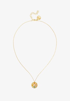 Złoty naszyjnik z delikatnym łańcuszkiem i okrągłym wisiorkiem z kolorowymi kamieniami w odcieniach różu, żółci i turkusu, zapinany na zapięcie.