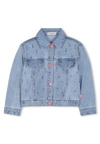 Τζιν μπουφάν σε ανοιχτό μπλε χρώμα, με κεντητά σχέδια από χάντρες, κλασικό γιακά, δύο τσέπες στο στήθος και ροζ κουμπιά ως λεπτομέρειες.