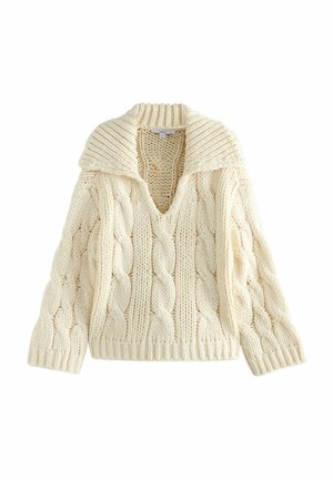Cremefarbener gestrickter Pullover mit V-Ausschnitt, oversized Kragen und Zopfmuster. Strukturierter Stoff mit lockeren, langen Ärmeln.
