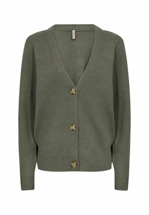 Cardigan verde oliva con scollatura a V, texture a costine e quattro bottoni marroni sul davanti. Presenta maniche lunghe e una vestibilità comoda.