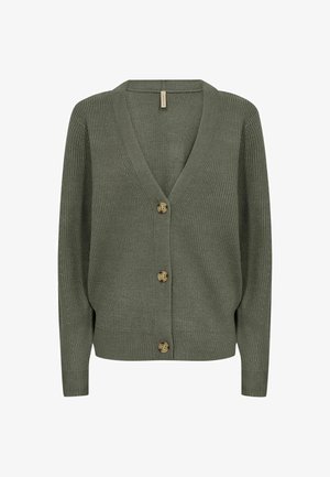 Olijfgroene cardigan met een V-hals, geribbelde textuur en vier bruine knopen aan de voorkant. Heeft lange mouwen en een ontspannen pasvorm.