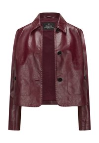 Bordeauxrote kurze Lederjacke mit Kragen, drei schwarzen Knöpfen, zwei Fronttaschen und langen Ärmeln.