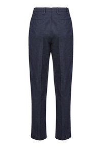 Pantalons navy à coupe droite, avec deux poches arrière et un tissu texturé. Dotés d'une taille avec passants de ceinture et de plis marqués.
