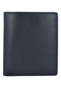 Navy leather wallet with a smooth texture, rectangular shape, and clean stitching along the edges. No visible hardware or embellishments.