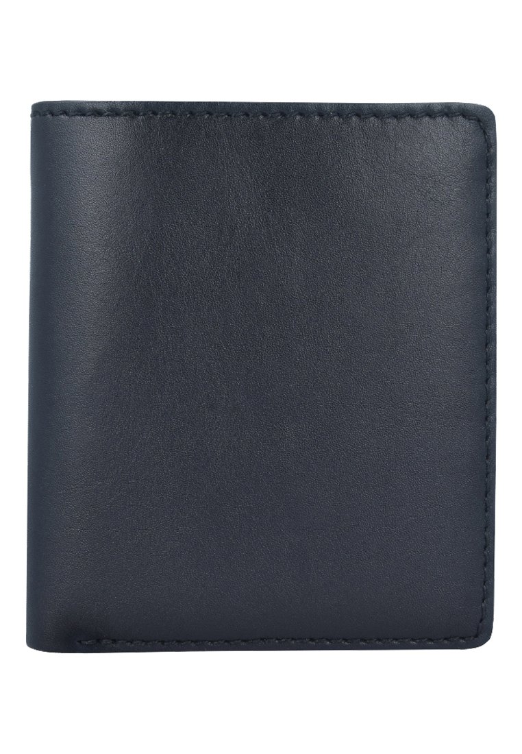 Navy leather wallet with a smooth texture, rectangular shape, and clean stitching along the edges. No visible hardware or embellishments.