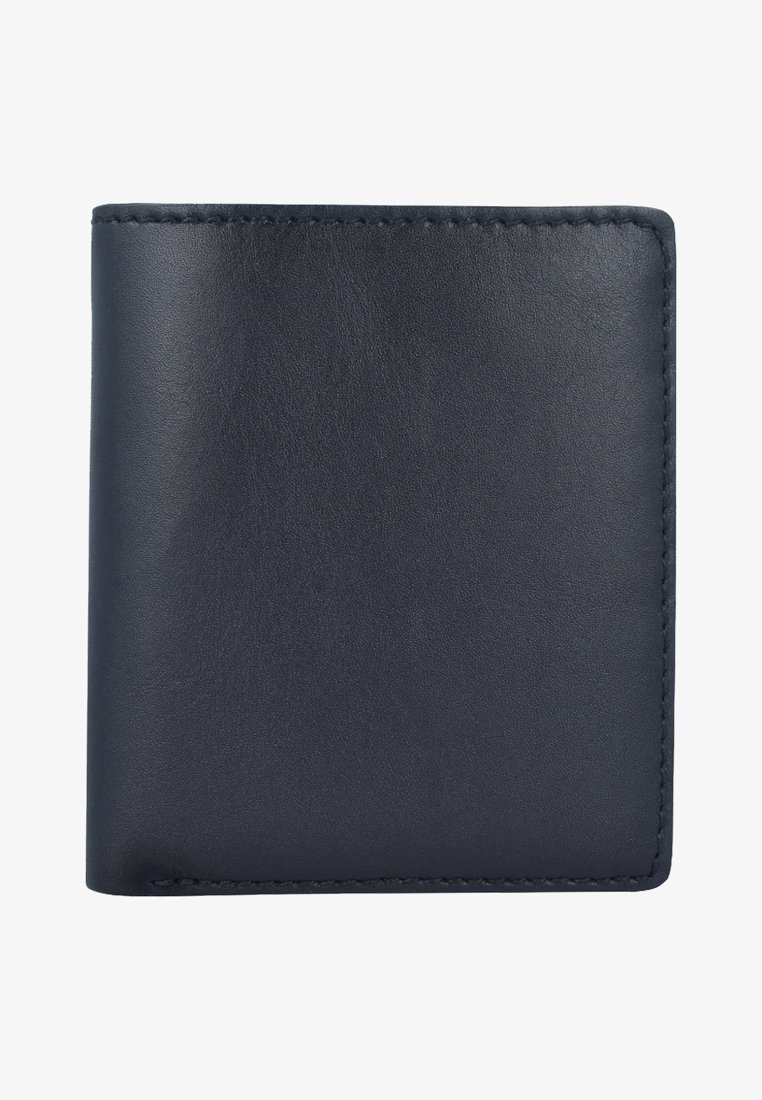 Navy leather wallet with a smooth texture, rectangular shape, and clean stitching along the edges. No visible hardware or embellishments.