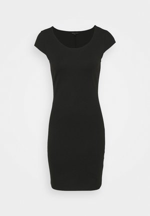 Schwarzes, kurzärmeliges, figurbetontes Kleid mit Rundhalsausschnitt, knielang, auf weißem Hintergrund dargestellt.