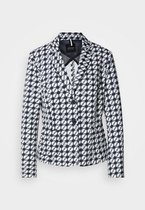 Navy- und weiße gemusterte Blazer mit tailliertem Design, Reverskragen und zwei Knöpfen. Verfügt über Seitentaschen und ein glattes Futter.