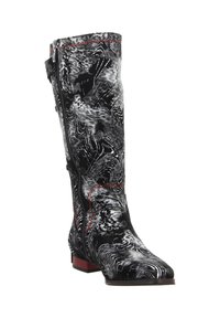 Knee-high black and white patterned boots with a textured surface, red stitching, side zipper, and a block heel.
