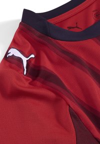 Rød atletisk trøje med kontrastmærker i mørkerød. Har en rund halsudskæring og et hvidt Puma-logo nær skulderen. Textureret stof.