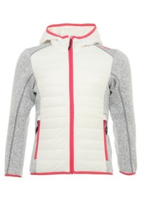 Hooded jacka med en vit vadderad framsida, grå ärmar och rosa dragkedjeaccenter. Slät yta och figursydd design med sidofickor.