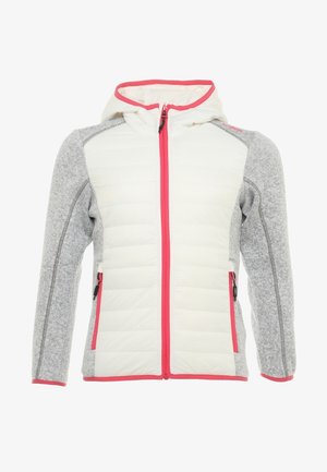 Veste à capuche avec un devant matelassé blanc, des manches grises et des accents de couleur rose sur la fermeture éclair. Texture lisse et design ajusté avec des poches latérales.