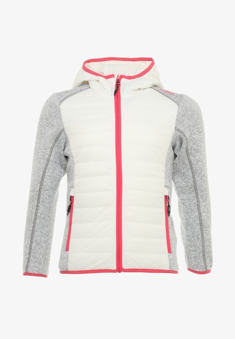Kurtka z kapturem, która ma biały pikowany przód, szare rękawy i różowe akcenty przy zamku. Gładka tekstura i dopasowany krój z bocznymi kieszeniami.