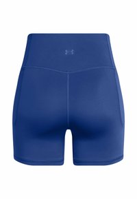 Modré sportovní šortky vyrobené z hladkého, elastického materiálu, s vysokým páskem, bočními kapsami a logem na zadní straně.