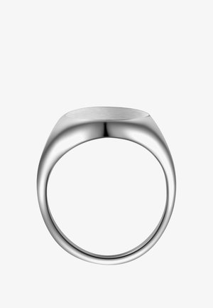 Gebürsteter Silberring mit einem glatten, geschwungenen Design und einer flachen Oberseite. Abgerundete Kanten und eine nahtlose Bandstruktur.