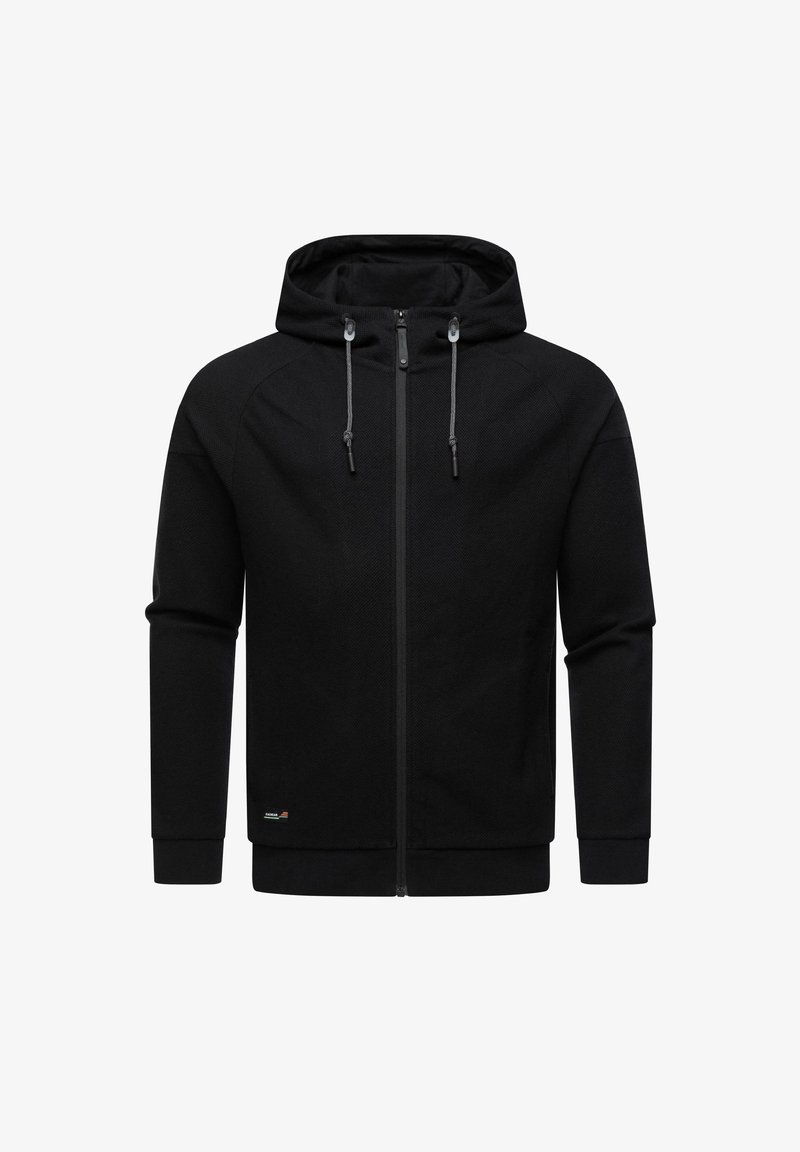Felpa nera con zip, realizzata in tessuto testurizzato, con cappuccio regolabile tramite cordini e polsini a costine. Presenta un logo vicino all'orlo.