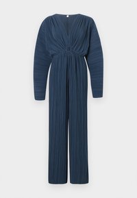 Tumši zila plisēta kombinezona ar garām piedurknēm un V-veida kakla izgriezumu. Iespējas ietver elastīgu jostasvietu un apļveida akcentu centrā.