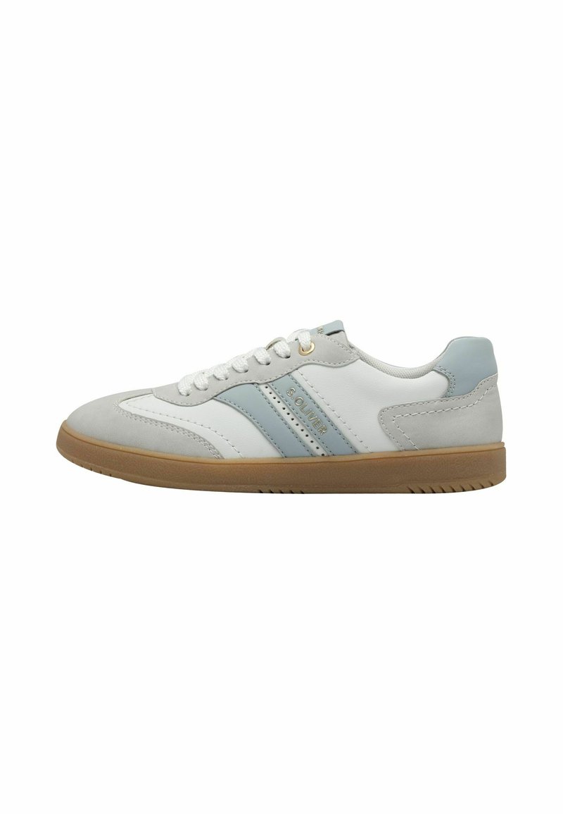 Sneaker bianche e azzurre chiare con una tomaia in pelle liscia, dettagli in suede testurizzato e suola in gomma. Presentano lacci e dettagli cuciti.