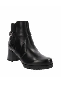 Stivale alla caviglia in pelle nera con tacco a blocco, dettaglio fibbia laterale e suola testurizzata per una migliore aderenza. Finitura liscia con un design elegante.