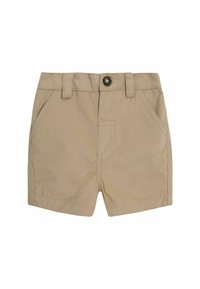 Shorts kaki en tissu lisse, dotés d'un bouton avant, de passants de ceinture et de poches latérales, avec une coupe droite et des bords ourlés.