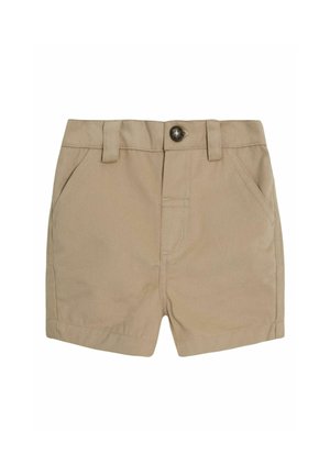 Pantaloni corti khaki realizzati in un tessuto liscio, con un bottone frontale, passanti per la cintura e tasche laterali, dalla vestibilità dritta e bordi rifiniti.