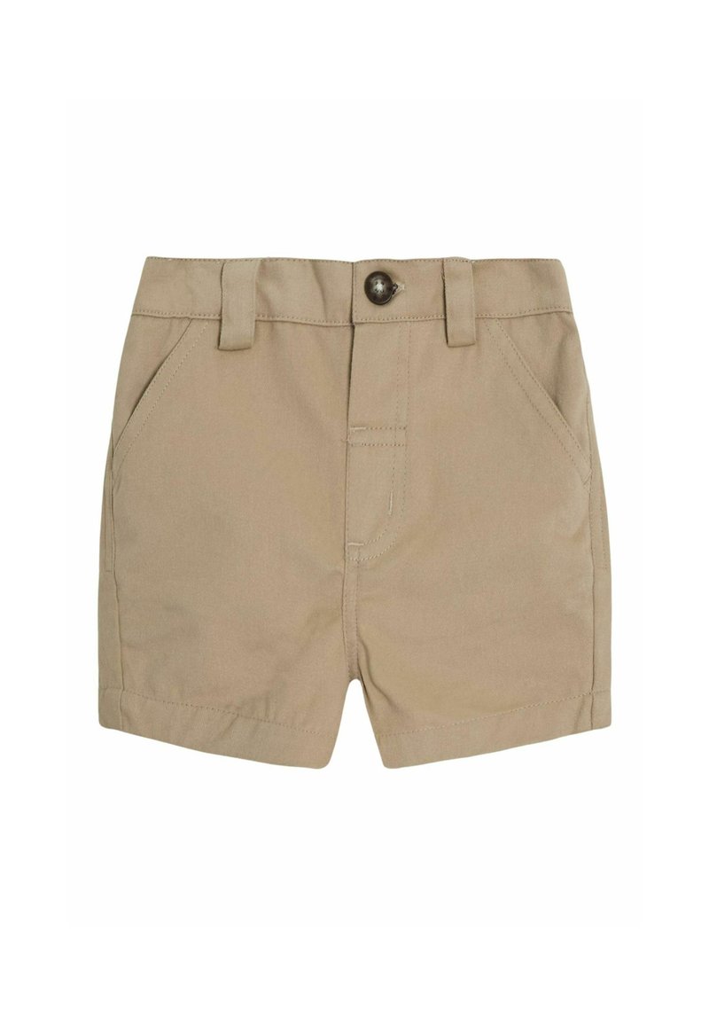 Shorts kaki en tissu lisse, dotés d'un bouton avant, de passants de ceinture et de poches latérales, avec une coupe droite et des bords ourlés.