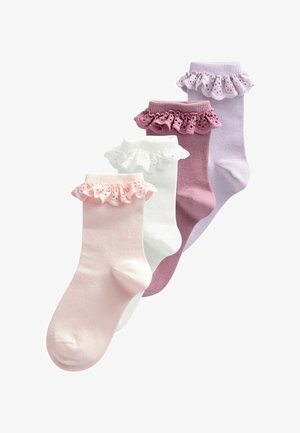 Set von vier Socken: pink, weiß, lila und dunkelpink. Jede Socke verfügt über einen gewellten Saum mit Lochmuster. Aus weichem Baumwoll-Mischgewebe.