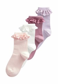 Set di quattro calze: rosa, bianco, viola e rosa scuro. Ognuna presenta un orlo arricciato con dettagli a occhiello. Materiale in morbido misto cotone.
